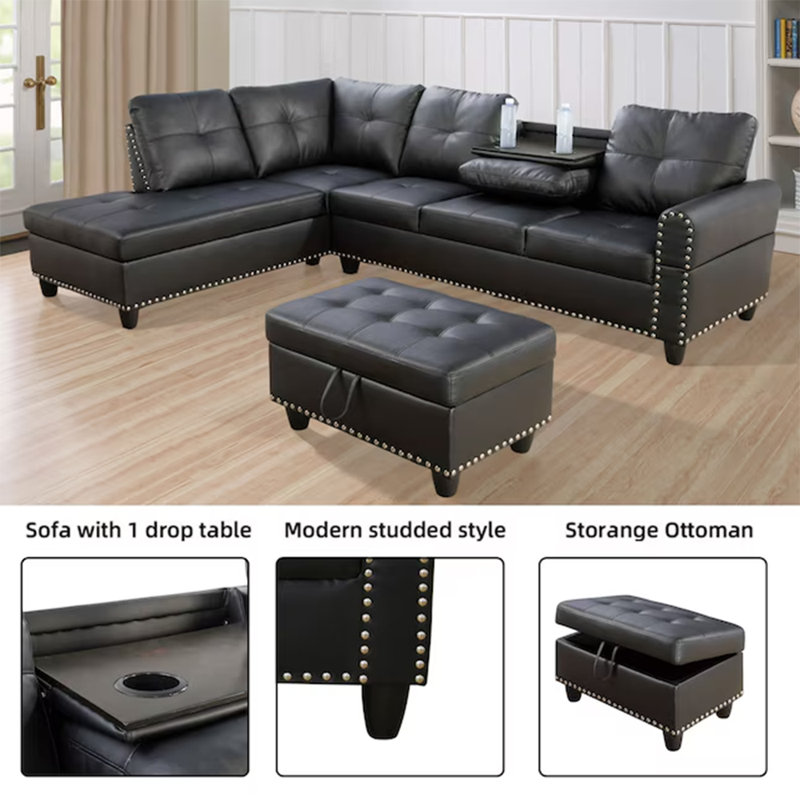 3-piece Faux Leather L-shape Leather Sectional Sofa, Black White Faux Leather, Left Hand Facing