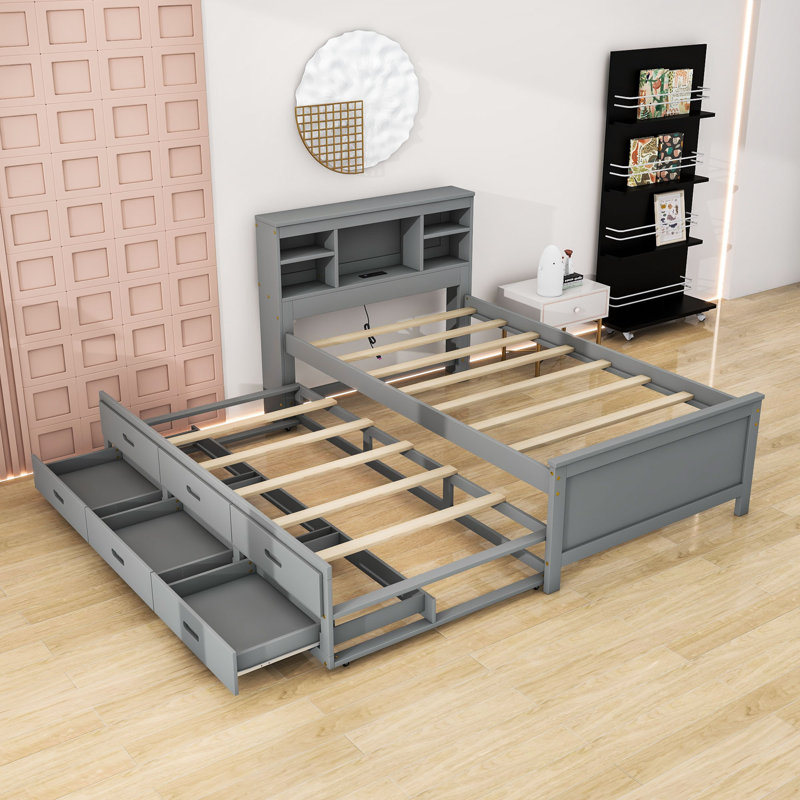 Lit plateforme avec tête de lit, ports USB et lit gigogne, Gris, Simple