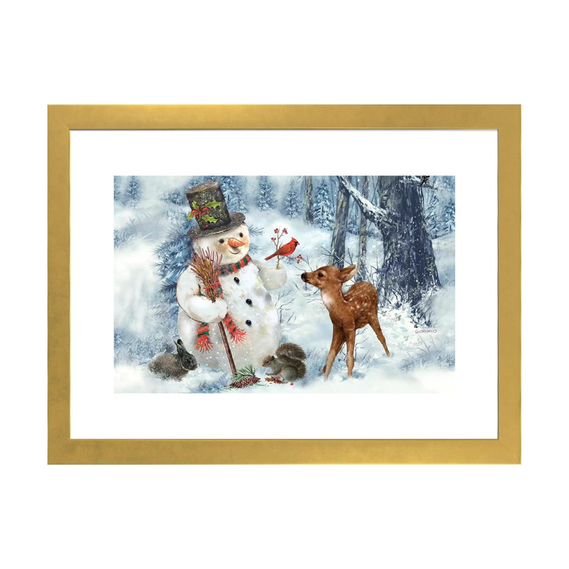 « Woodland bonhomme de neige » par Giordano studios-impression, Blanc, H 24 po x l 32 po x P 1 po, Papier encadré doré