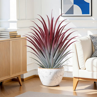Plante aloès artificielle de 26 po de hauteur en pot de ciment noir - Grand agave rouge grand pour décoration intérieure / extérieure