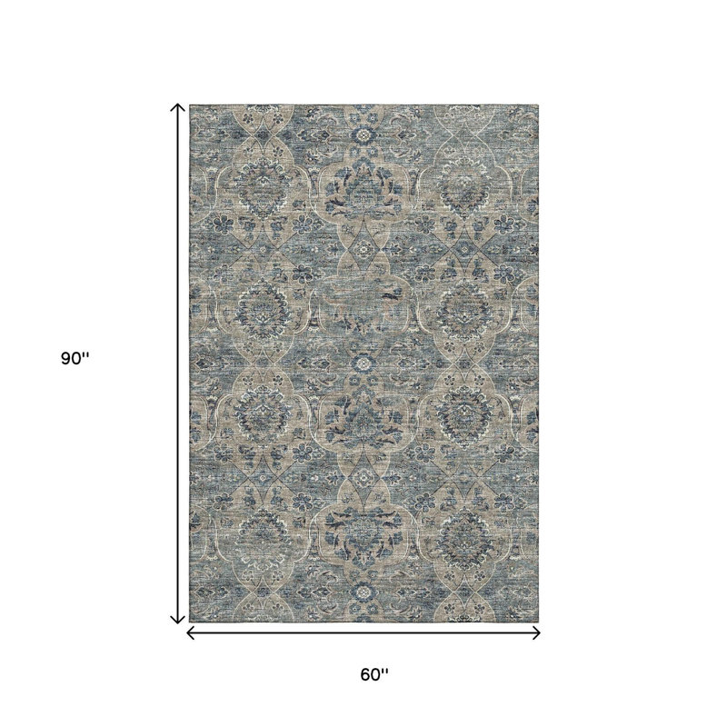 Tapis bleu délavé 5 pi x 8 pi avec motif à médaillon floral délavé et anti-UV