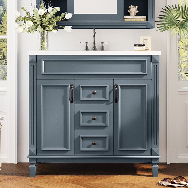 Meuble-lavabo bleu 36 po - moderne, avec 2 tiroirs à fermeture douce, lavabo de rangement moderne, portes,