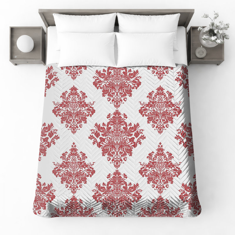 Red Damask Pattern Quilted Bedspread All Sizes, Twin