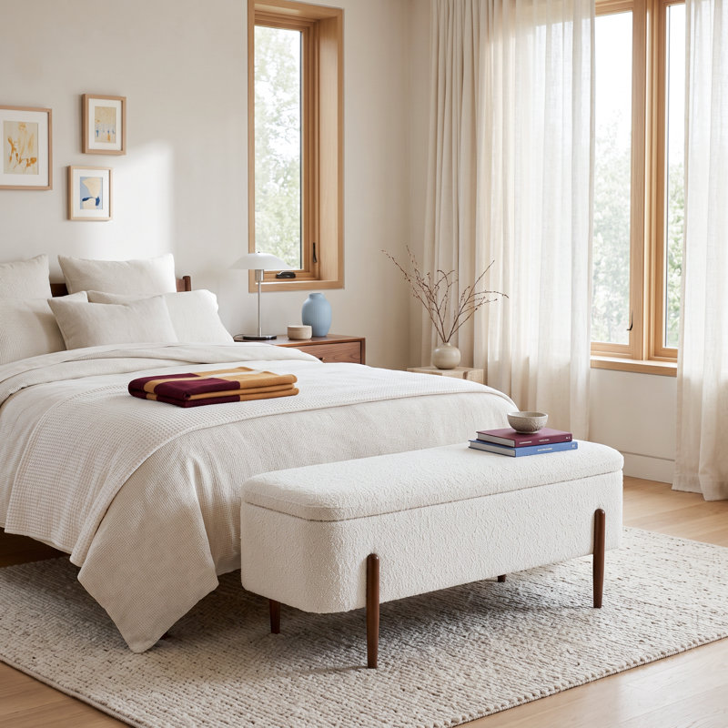 Banc de rangement rembourré en tissu ivoire Mid-Century de 48 po Paxo