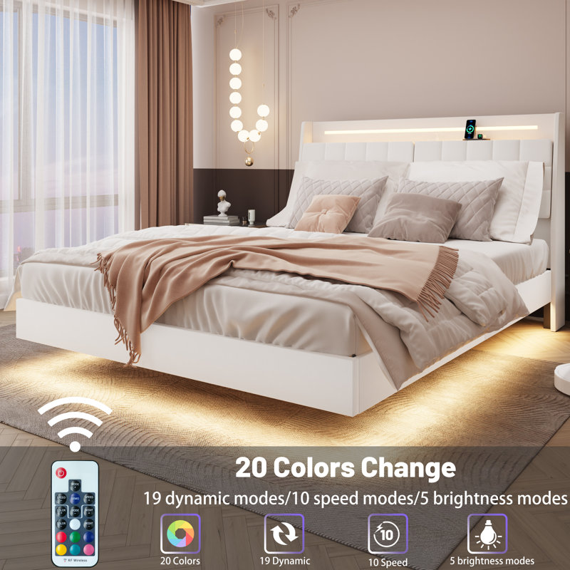 Floating Bed Frame with Storage Headboard, LED Bed Frame with Charging Station, King, Beige