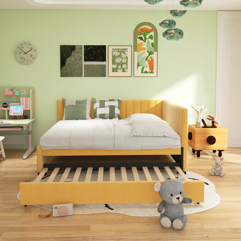 Upholstered Daybed With Trundle Sofa Bed Frame, Full, Yellow