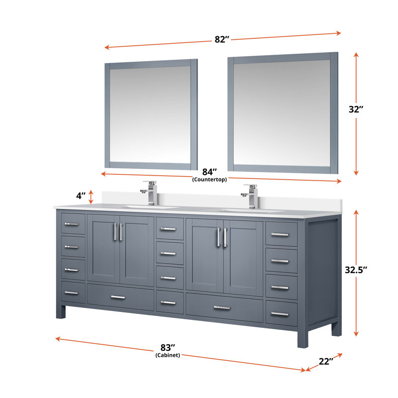 Jacques 84 in. W x 22 in. D Double Bath Vanity, and 34 in. Mirrors, Dark Gray, White Quartz