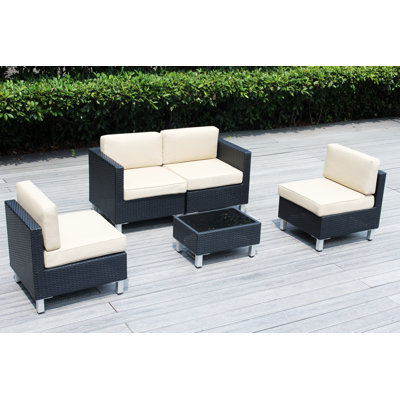 5 Piece Outdoor Patio Black Wicker Sectional Set with Cushions