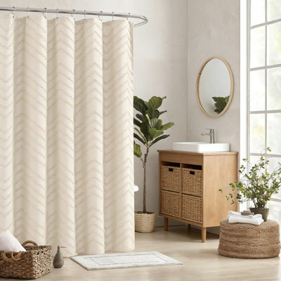 Boho Chevron Textured Shower Curtain With Tufted Design, Double Layer Waterproof Fabric, Modern Minimalist Bathroom Decor