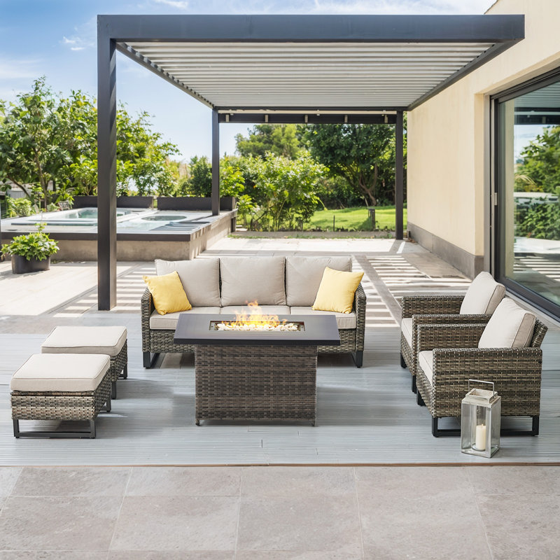 Nazime 5- Person Outdoor PE Wicker Patio Conversation Set with Fire Pit, Ottomans and Cushions, Beige, Gray