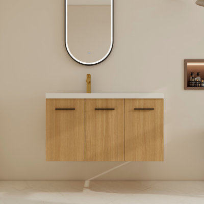 36" Wall-Mounted Single Bathroom Vanity Set With Left Resin Top Sink，Floating Vanity With Soft Close Door And Shelf