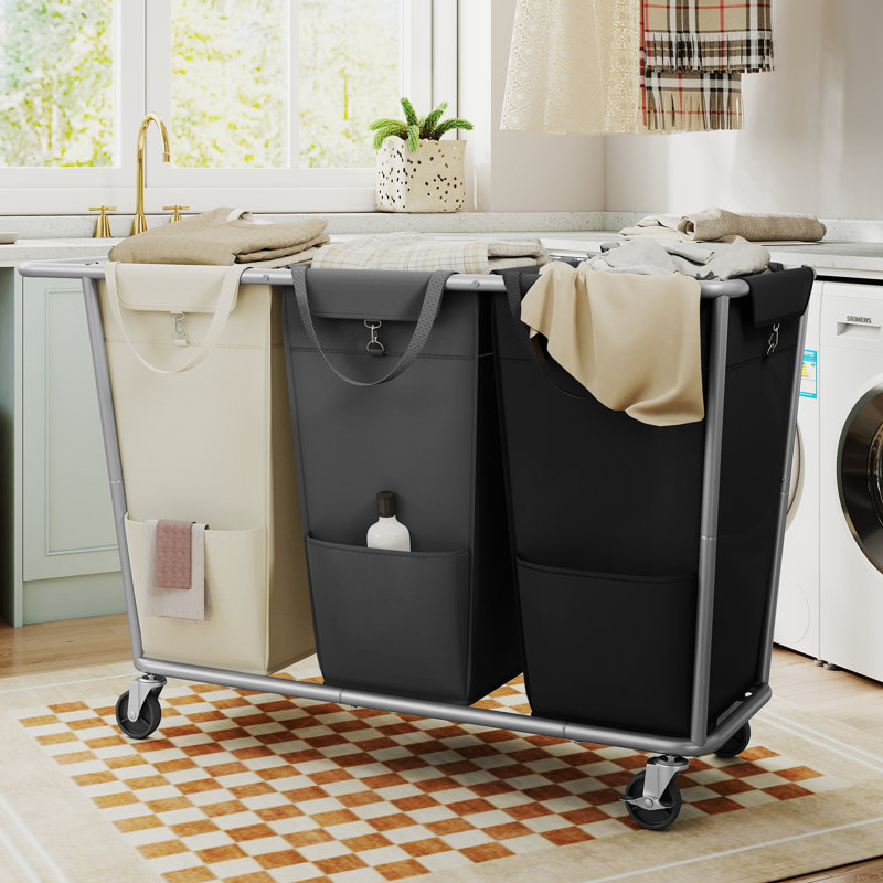 Laundry Basket With Wheels, 3-Section Laundry Sorter, 76.6 Gallons (290 L) Rolling Hamper With Removable Bags, Heavy-Duty Steel Frame, 