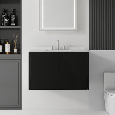 Meuble-lavabo suspendu de 91 cm avec lavabo, porte à fermeture amortie, comptoir et dosseret en marbre synthétique blanc de Carrare de 1,5 cm d'épaisseur, contreplaqué