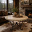 Round Travertine Dining Table | Hand-Forged Wrought Iron Base, Mediterranean Style