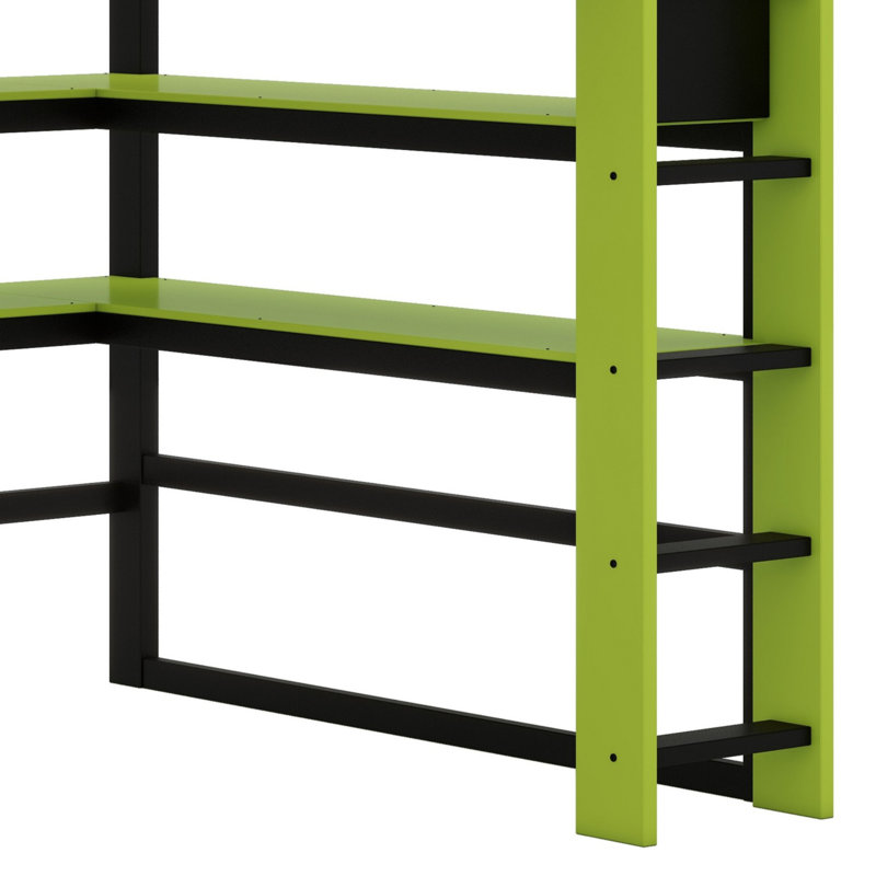 Élégant lit mezzanine en bois avec bureau intégré, support de rangement et lumière RVB, Lit double, Vert