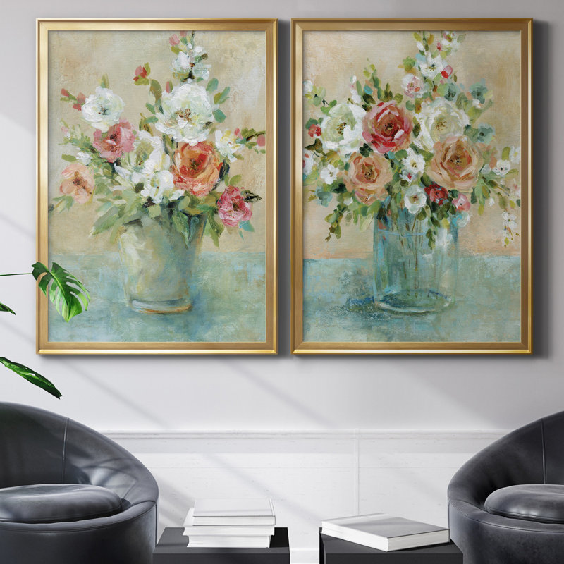 Sun Drenched Bouquet - Ensemble de 2 reproductions d'art, H 18,5 po x l 49 po x P 1,5 po, Toile encadrée dorée, Pas de tapis