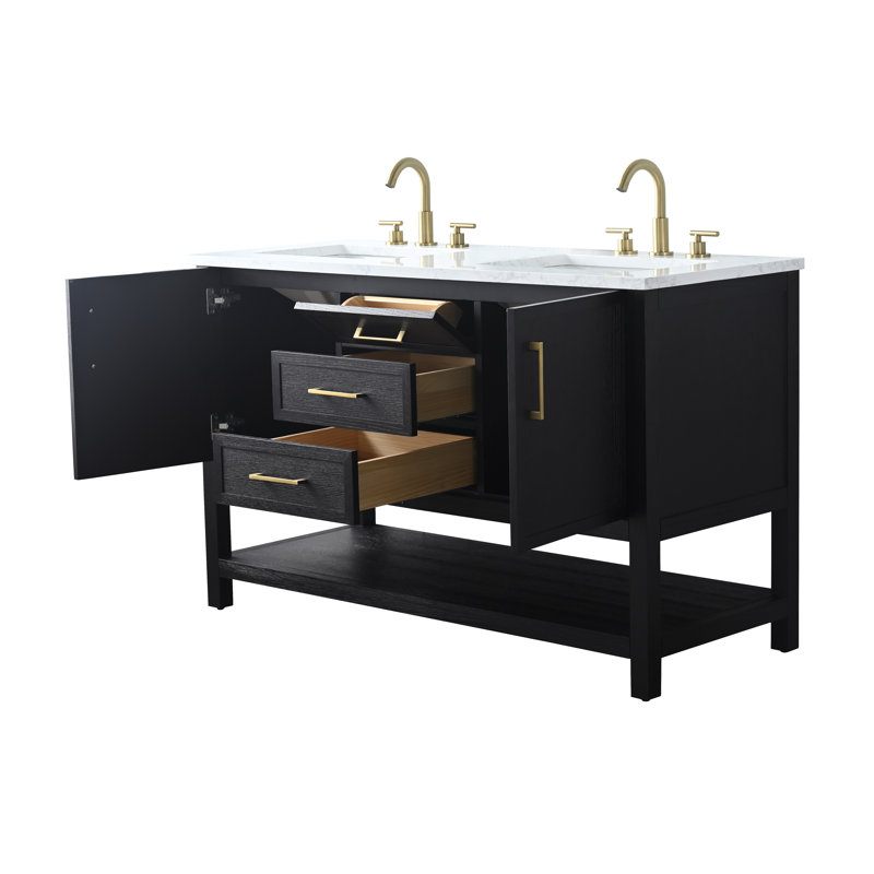 Meuble-lavabo double 54 po avec plateau en pierre reconstituée Stratford, Chêne noir / or brossé