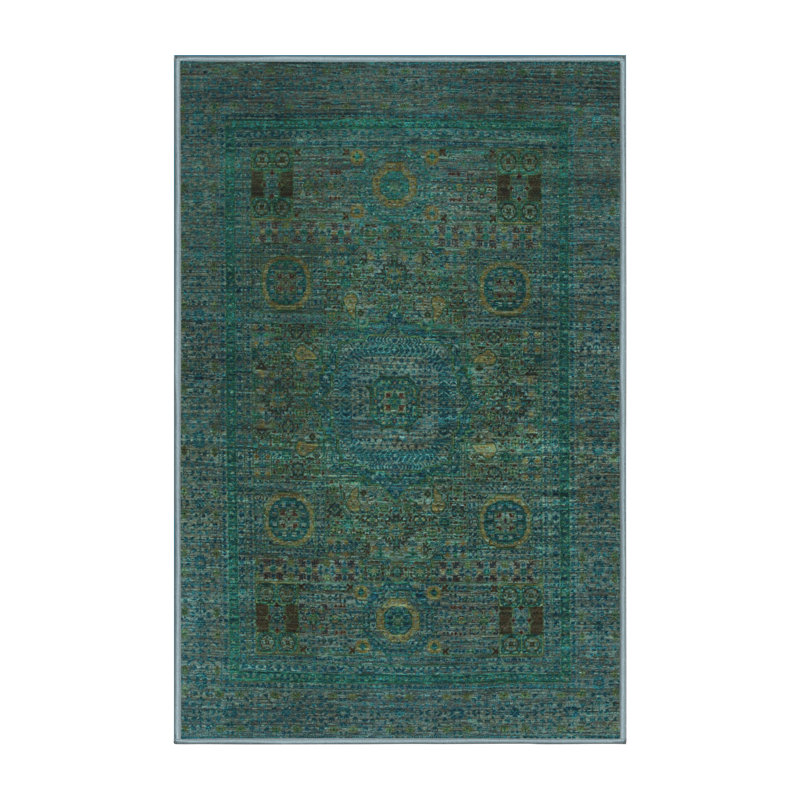 Tapis oriental en laine / polyester tissé à la machine en bleu / vert / gris, Rectangle 6 pi x 9 pi