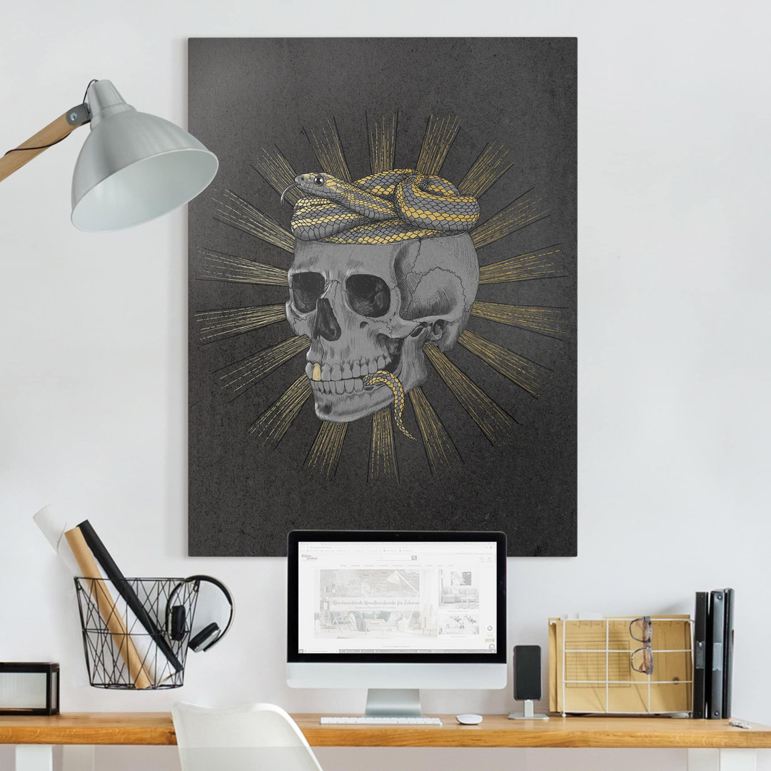 Leinwandbild Illustration Totenkopf und Schlange Schwarz Gold