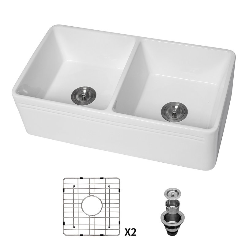 White Farmhouse Sink - 33 Inch Kitchen Sink Apron Front Double Bowl 50/50 White Ceramic Kitchen Farm Sink