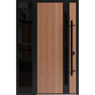 Porte d'entrée extérieure prémontée en acier Ronex 1033, finition teck, fenêtre latérale extérieure, imposte, métal peint, style moderne, largeur 36+16 po x hauteur 80 po, ouverture à gauche vers l'intérieur