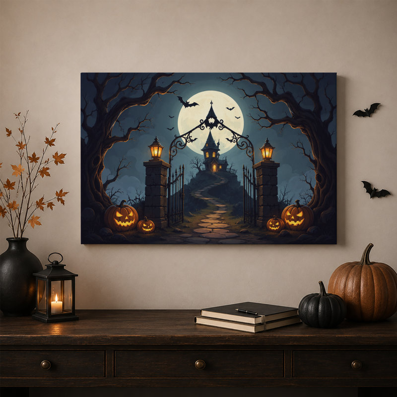 «Haunted House Under Full Moon with Glowing Halloween», art mural sur toile, 20"H x 30"W