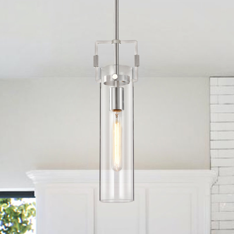 Mini-luminaire suspendu 1 lumière en nickel brossé avec abat-jour cylindrique en verre transparent, Nickel brossé, 1