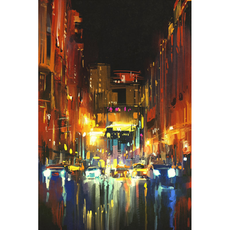 Night City In The Rain With Reflections On Wet Street, 122cm H x 81cm W x 3.8cm D