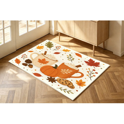 Tapis Autumn Vibes, motif latte et feuilles d'automne citrouille épice, esthétique douillette, surface en velours, tapis antidérapant, décoration intérieure pour le salon, la chambre à coucher, la cuisine, le vestibule, appartement