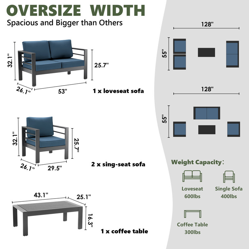 Rotella 4 - Person Outdoor Seating Group with Cushions, Blue, Dark Gray