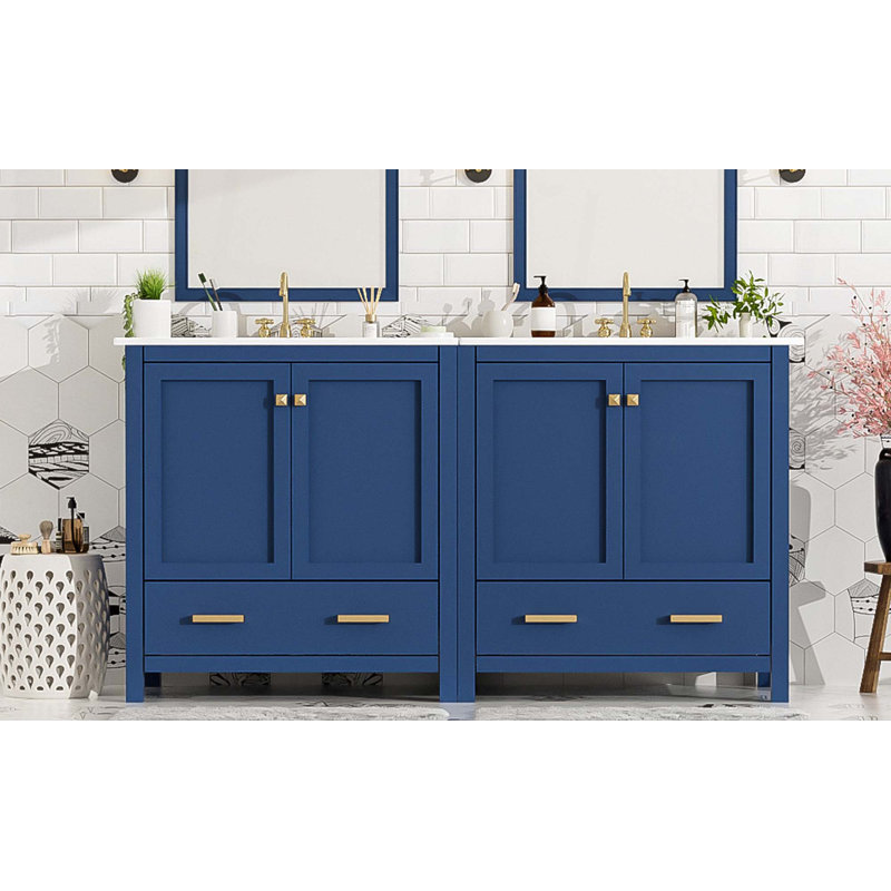 Ensemble de meuble-lavabo 60 po avec lavabos doubles (séparés), lavabos doubles en céramique, tablette de rangement et tiroirs divisés, miroir non inclus - Solution de salle de bain moderne pour salles de bain spacieuses