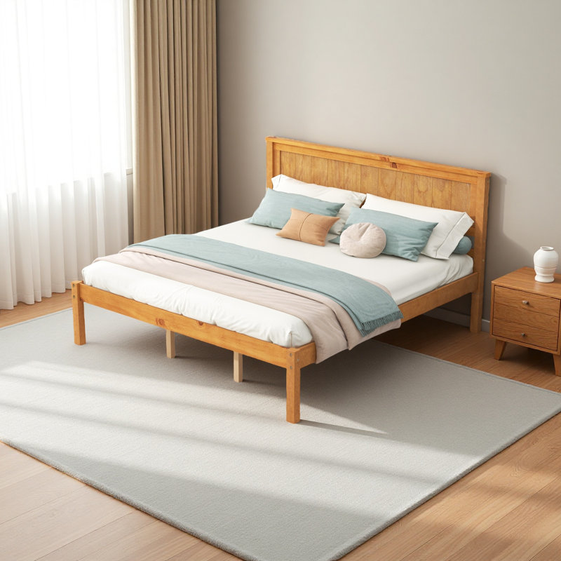 Base de lit plateforme avec tête de lit, support à lattes de bois, aucun sommier requis, Grand lit, Chêne
