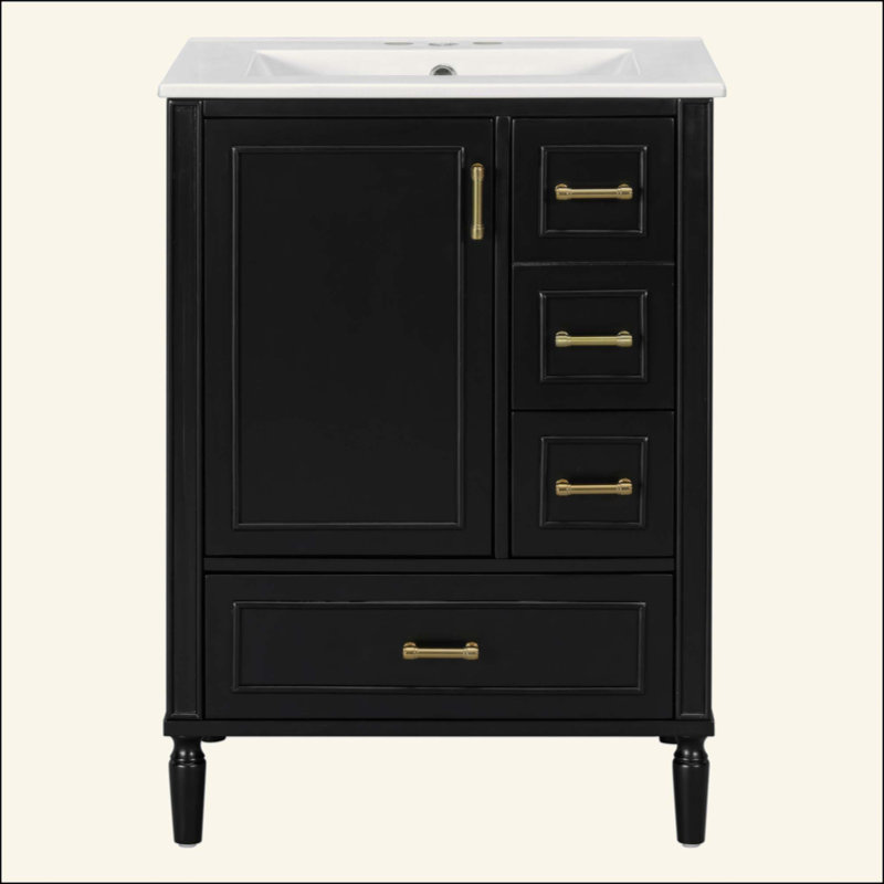 Meuble-lavabo moderne avec lavabo en céramique, porte à fermeture douce, 3 tiroirs, poignées dorées et support de porte pour un rangement peu encombrant