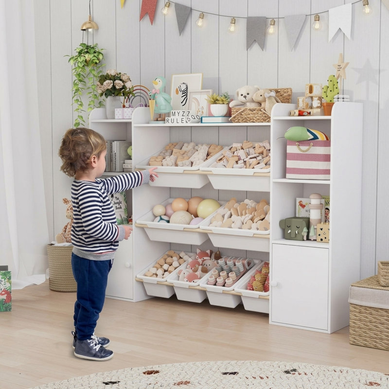 Rangement pour jouets pour enfants avec bibliothèque, 8 bacs amovibles, 4 tablettes ouvertes et 2 armoires de rangement