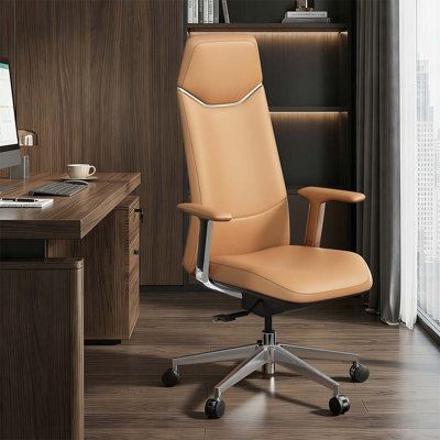 Genuine Leather Executive Chair, Swivel Ergonomic Office Chair, High Back Desk Chair with Tilt Reclining, Aluminum Alloy Base, Adjustable Height
