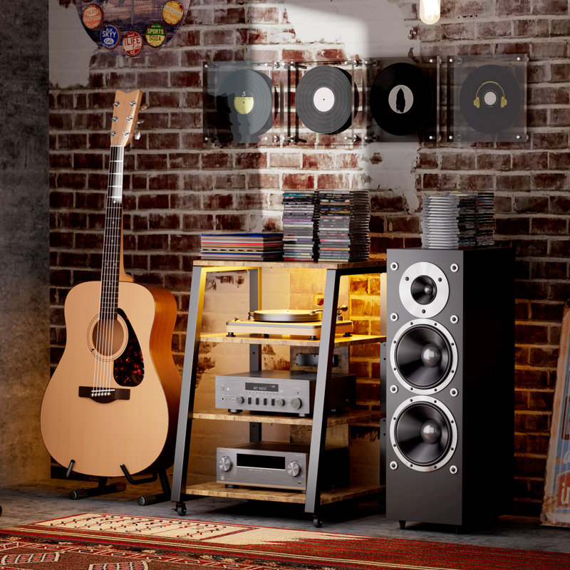 Meuble audio-vidéo à 4 niveaux avec prises de courant, supports stéréo avec lumières à DEL, roulettes et tablette de rangement réglable pour tourne-disque, console média roulante, meuble audio-vidéo, 35 po, noir