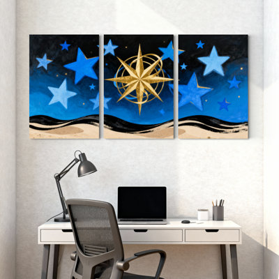 Ciel étoilé avec boussole dorée, ensemble de 3 impressions sur toile