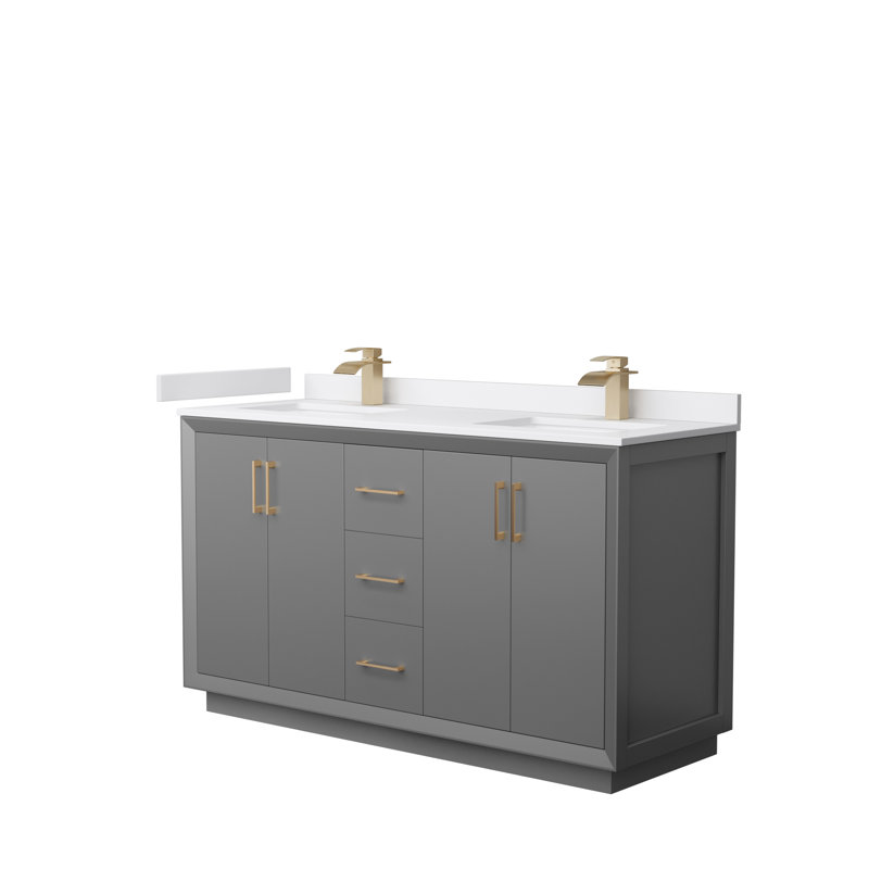 60'' Double Bathroom Vanity with Cultured Marble Top, Dark Gray, Satin Bronze, White Cultured Marble