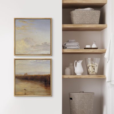 Clouds Sky And River Abstract Vintage Landscape Field Rustic Framed On Canvas 2 Pieces Set
