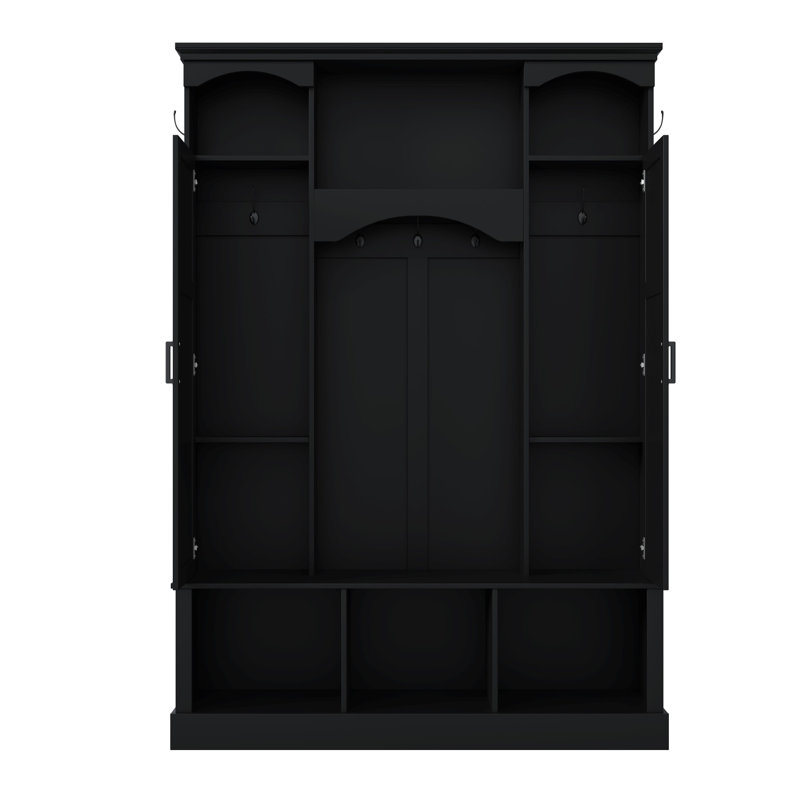 Modern All-in-One Hall Tree with Shelves, Classic Arched Farmhouse Storage Bench with Dual Side Cabinets, Elegant Entryway Organizer with 7 Hooks for Mudroom, Hallway