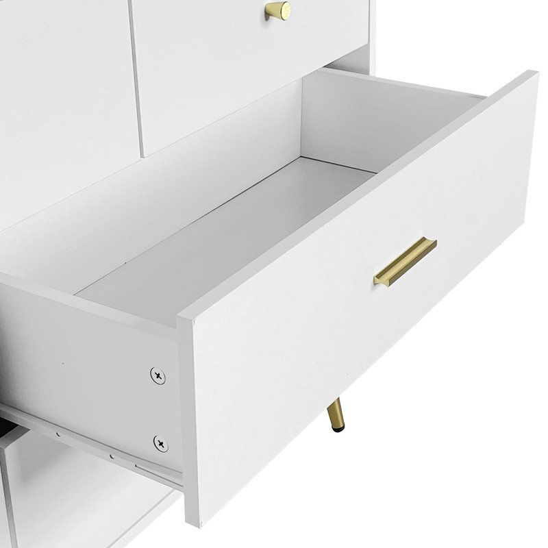Commode blanche à 7 tiroirs avec poignées et pieds dorés, armoire de rangement moderne Mid-Century