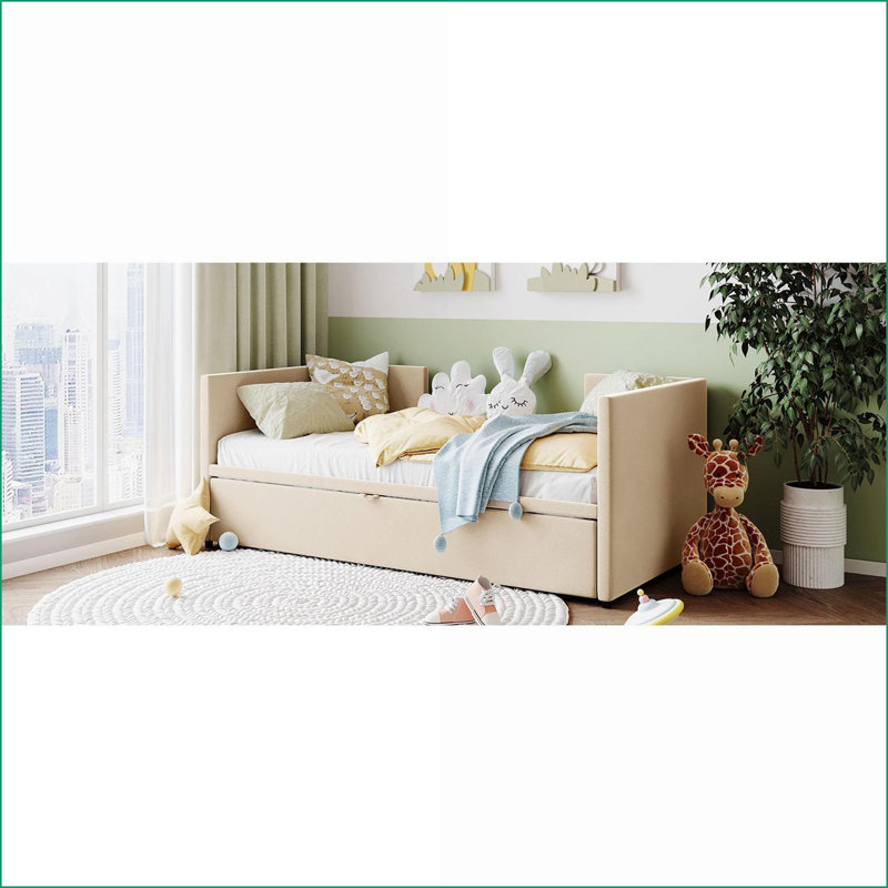 Twin Size Upholstered Daybed with Pop-Up Trundle, Beige - Plywood Frame for Guest Room &amp; Multi-Functional Spaces