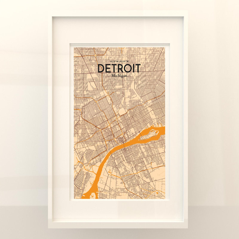 « detroit »-impression d’art graphique sans cadre sur papier, H 17 po x l 11 po x P 0,05 po