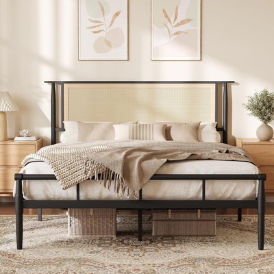 Modern Rattan Platform Bed with Cane Headboard, Black Metal Frame, Farmhouse Bedroom Furniture