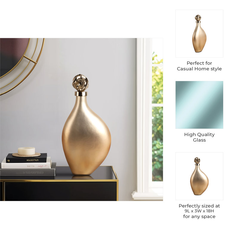 Decorative Slim Bottle Glass Vase with Metal Lid for Home Decor - Artisitic Tall Flower Vase for Living Room Table and Entryway Display - Gold