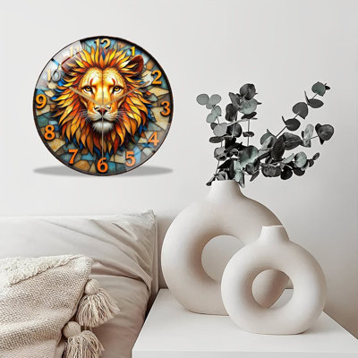 Horloge murale en verre trempé silencieuse de 30 cm, « Horloge murale décorative lion en vitrail faite à la main », sans tic-tac, fonctionne avec des piles (piles AA non comprises), décoration artistique pour la maison