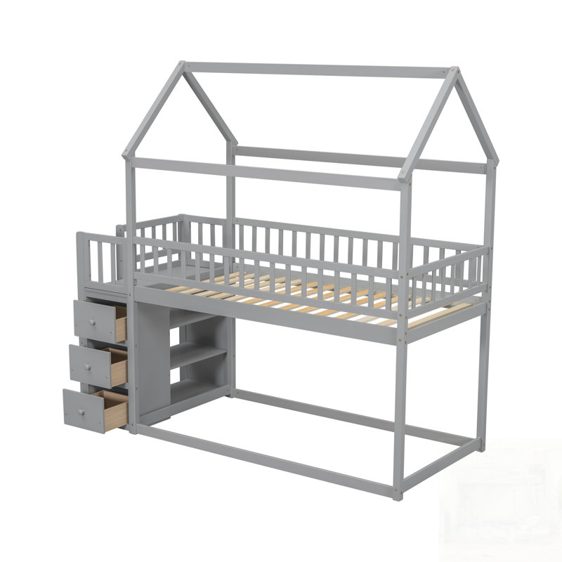 Lit superposé House avec tablettes et tiroirs, fabrication robuste pour les chambres d'enfants, Grey