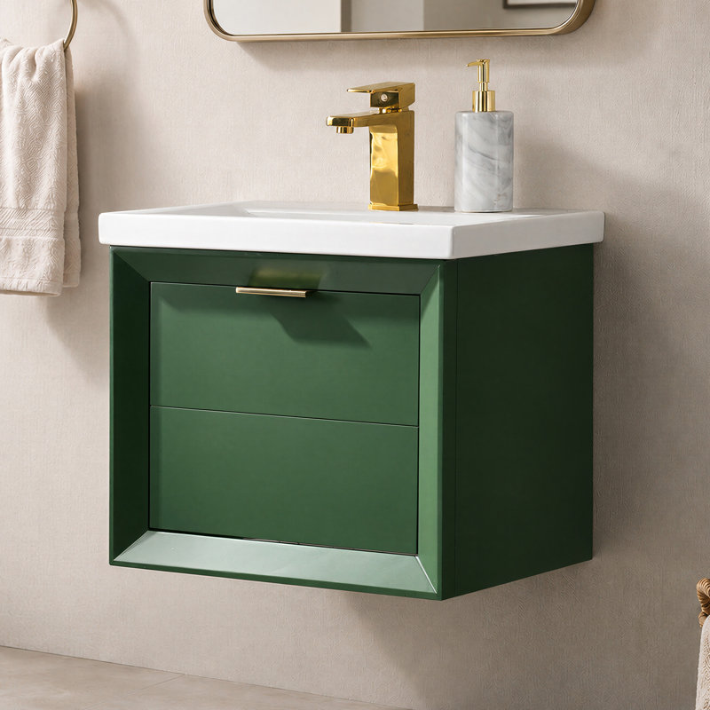 Draven 24'' Modern Wall-Mounted Single Bathroom Vanity with Ceramic Top, Green, 24" W 