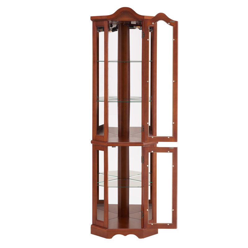 Armoire de coin avec lumières, tablettes réglables en verre trempé, dos en miroir, vitrine, noyer (ampoule E26 non incluse)