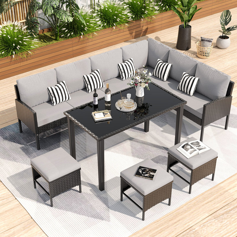 Ensemble de mobilier d'extérieur pour petit espace 7 pièces, ensemble de mobilier de jardin, coussin de siège imperméable, table en verre, peu encombrant, convient à la cour, à la terrasse ou au jardin, gris